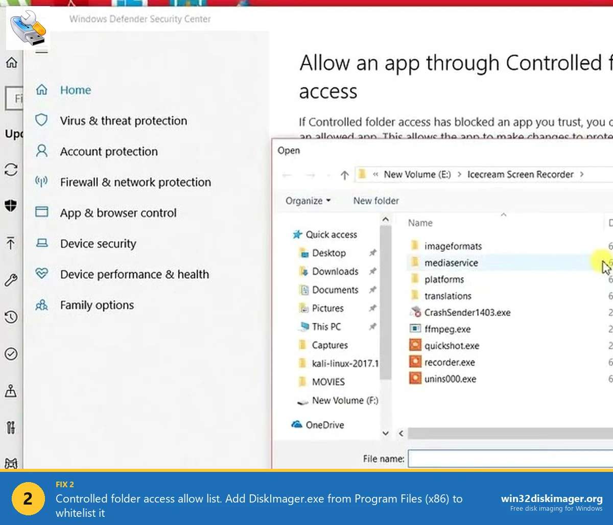 Allow an app through Controlled folder access Windows 11 Win32 Disk Imager