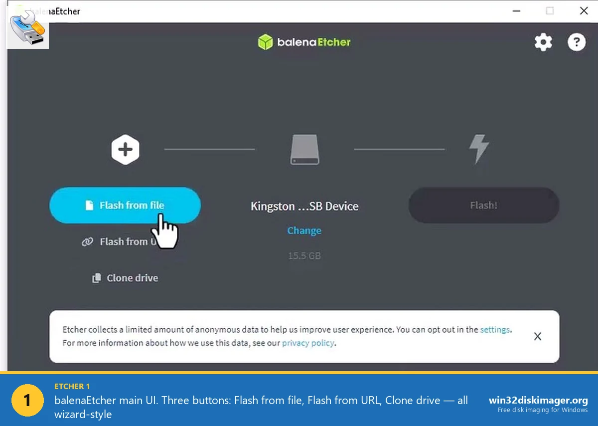 balenaEtcher main window with Flash from file Flash from URL Clone drive buttons