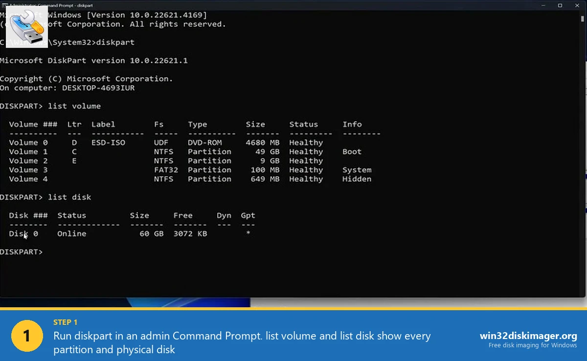 diskpart list volume list disk output in admin Command Prompt