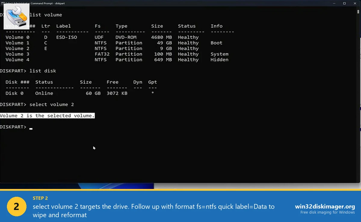 diskpart select volume 2 Windows 11 confirmation