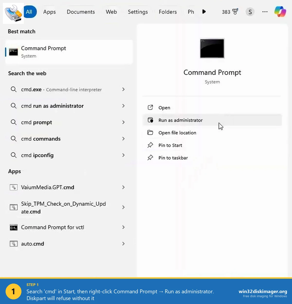 Command Prompt Run as administrator option Windows 11