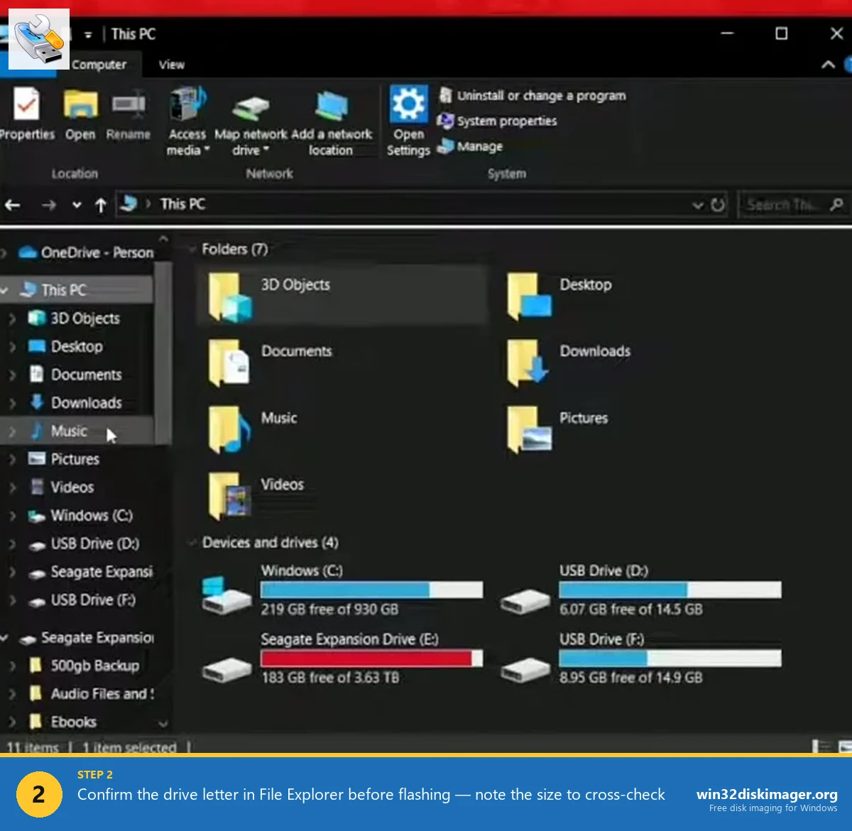 File Explorer showing target USB drive letter and capacity next to Win32 Disk Imager ready to write