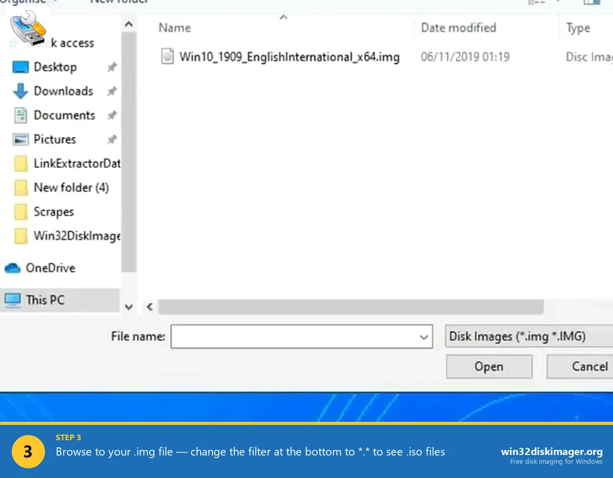 Win32 Disk Imager file picker showing IMG and ISO files selected from a downloads folder on Windows 11