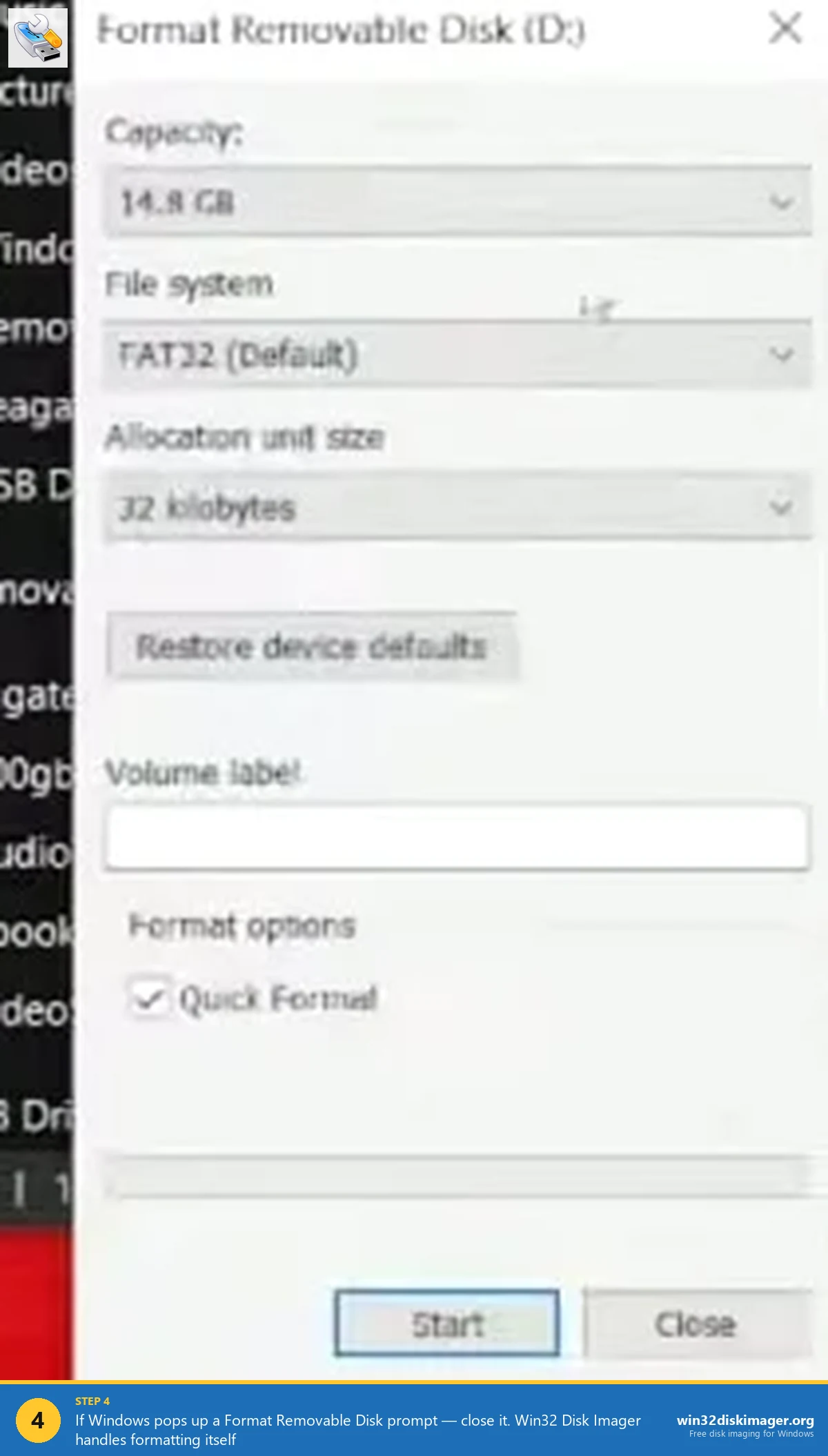 Win32 Disk Imager Device drop-down showing the selected USB drive letter ready to write