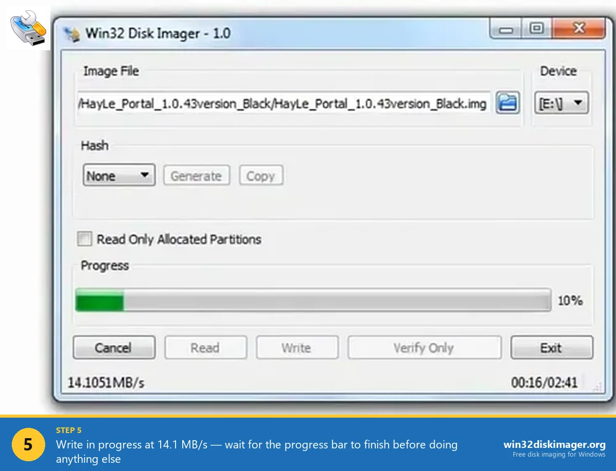 Win32 Disk Imager writing an IMG file to USB at 14.1 MB per second