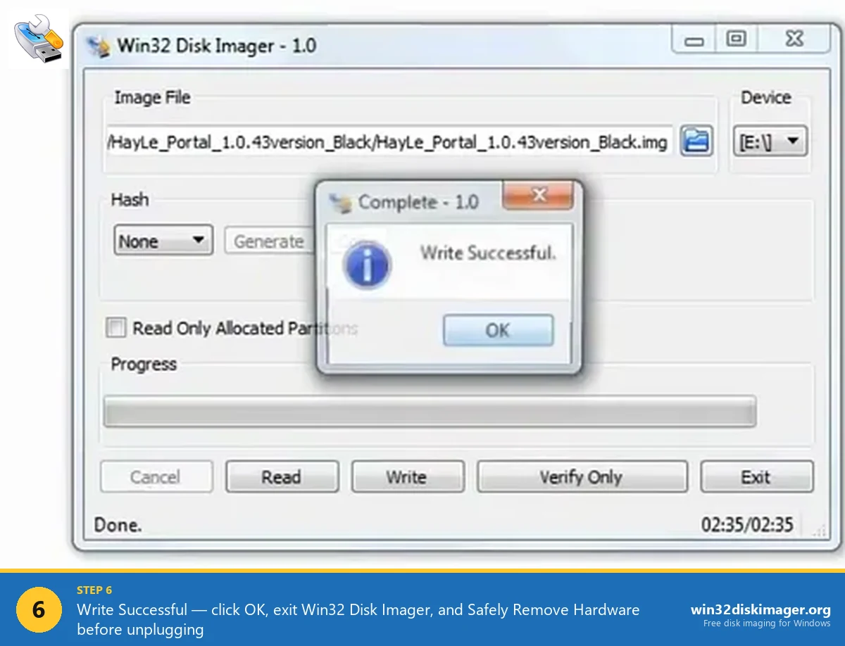 Win32 Disk Imager Verify Only complete with successful verification dialog