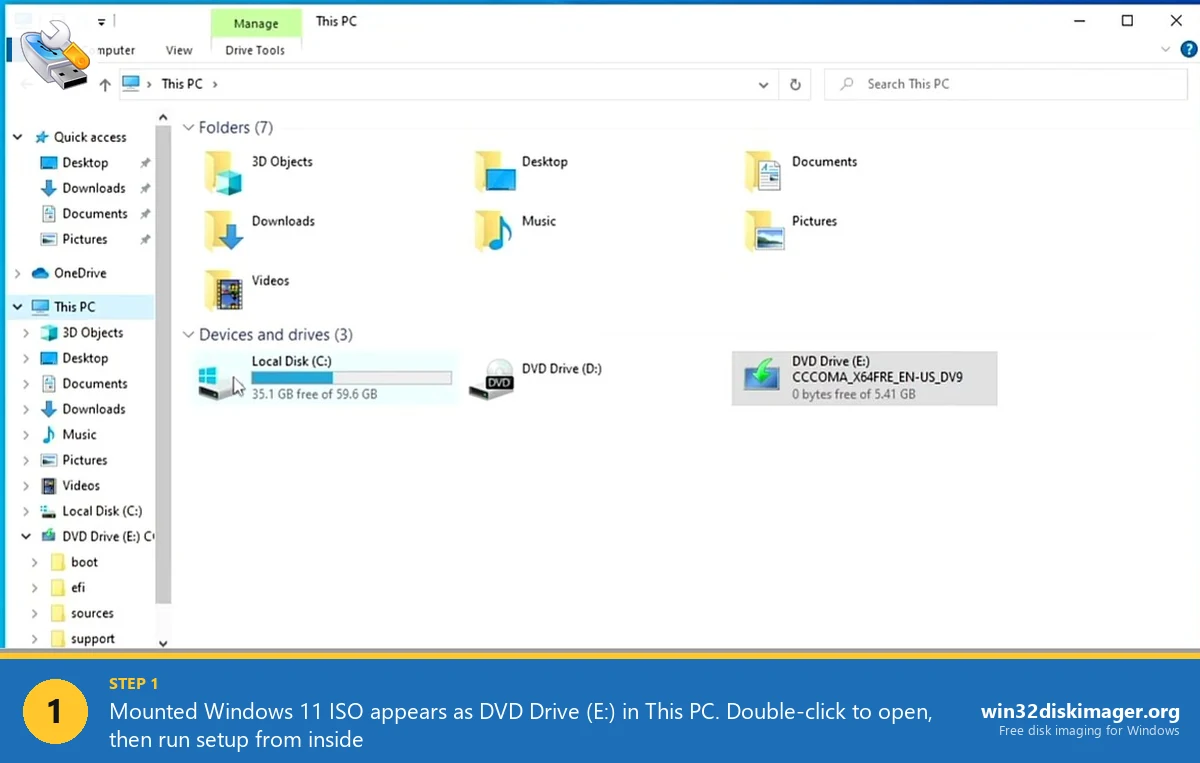 Mounted Windows 11 ISO shown as DVD Drive E in This PC File Explorer