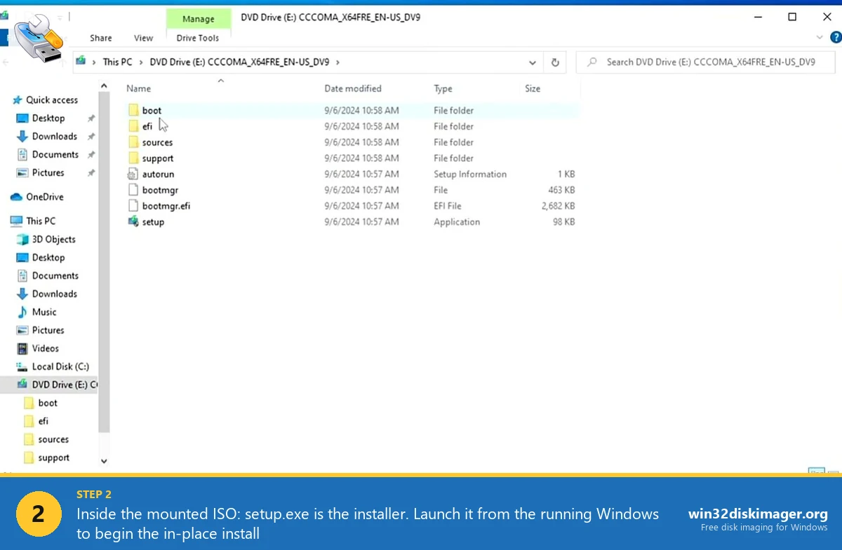 Windows 11 ISO contents open in File Explorer showing setup executable