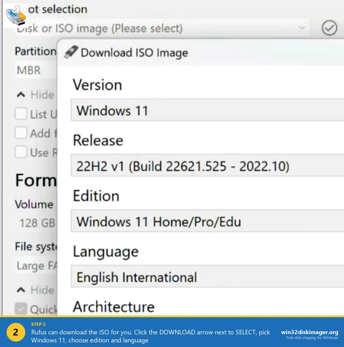 Rufus Download ISO dialog showing Windows 11 edition and language options