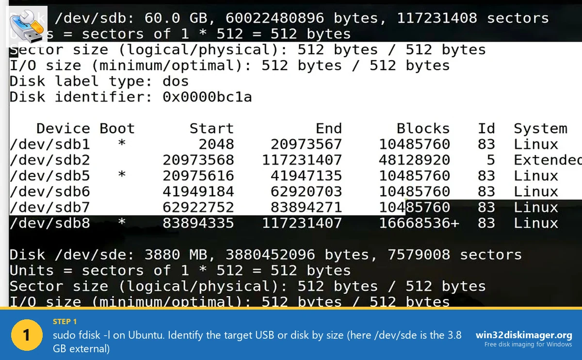 sudo fdisk -l output Ubuntu Linux terminal showing disk partitions
