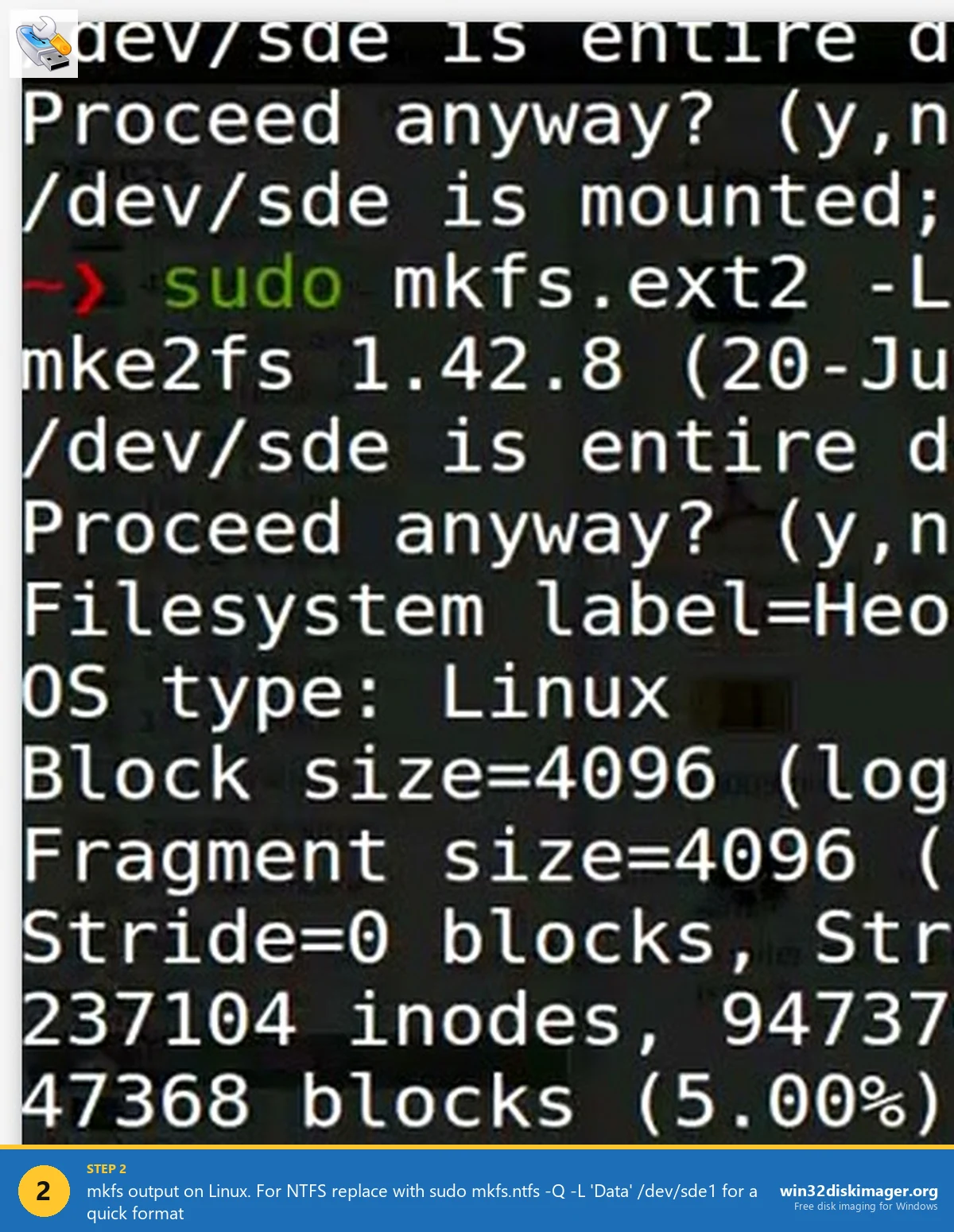 mkfs output running on Linux terminal formatting a drive