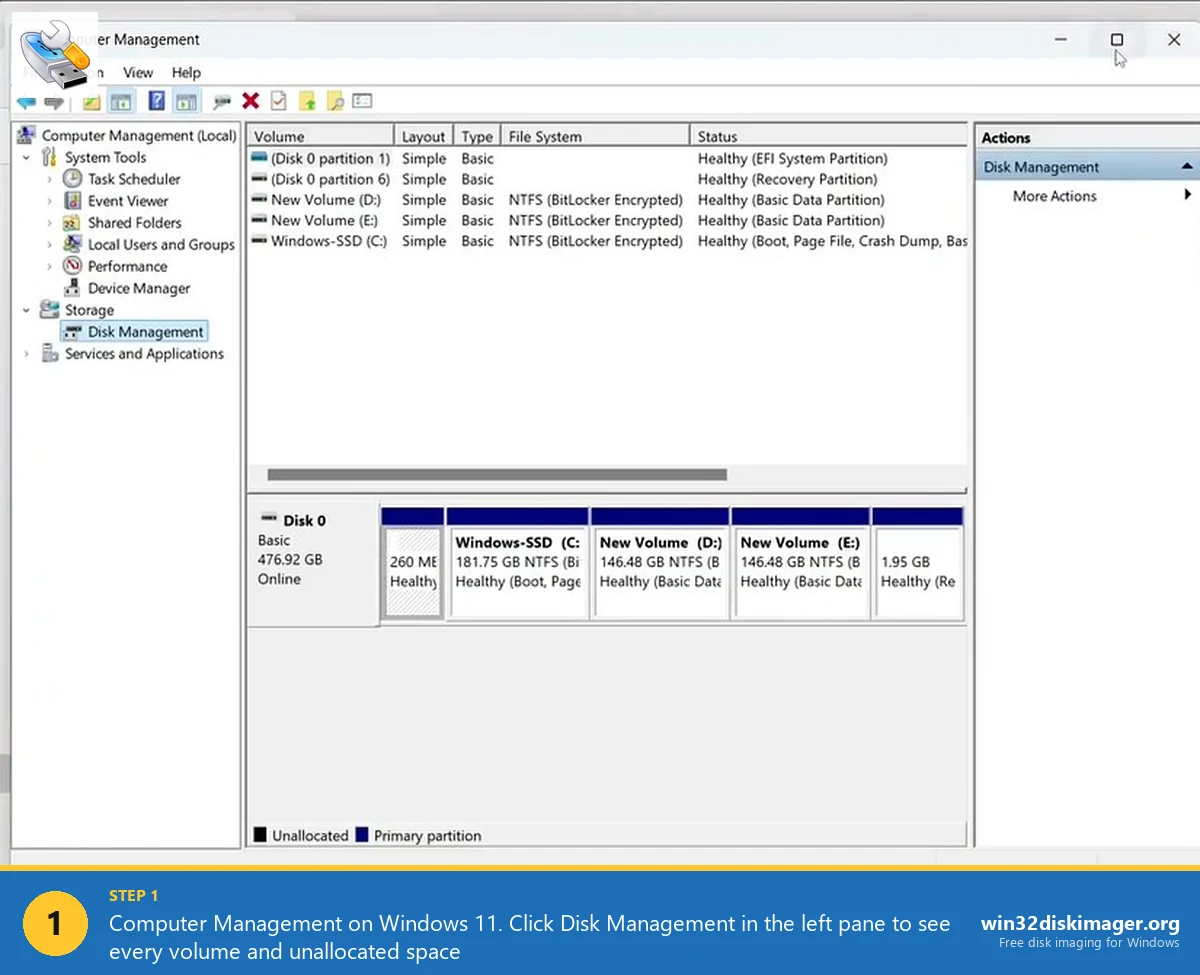 Computer Management Disk Management pane Windows 11