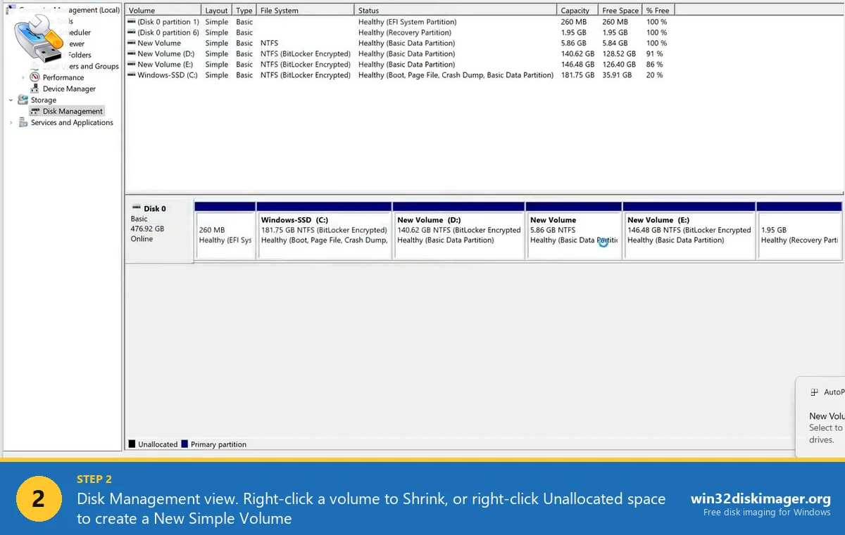 Windows 11 Disk Management showing volumes and partitions