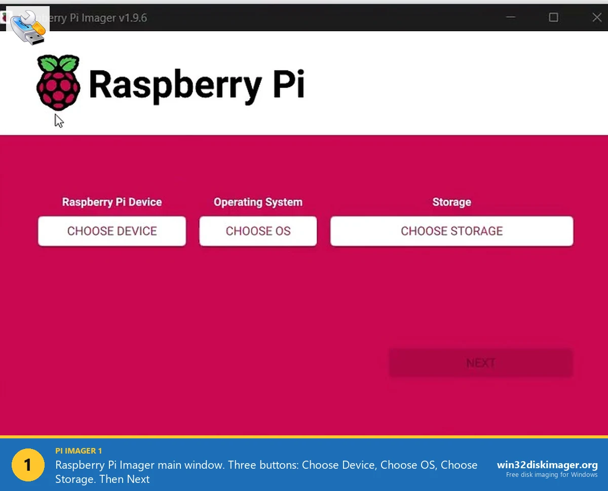 Raspberry Pi Imager v1.9 main window with Choose Device OS Storage buttons