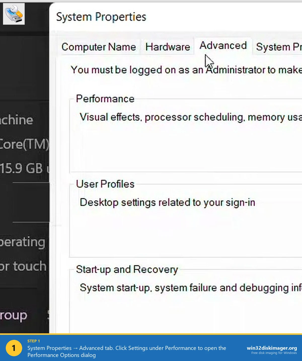 Windows 11 System Properties Advanced tab showing Performance Settings button
