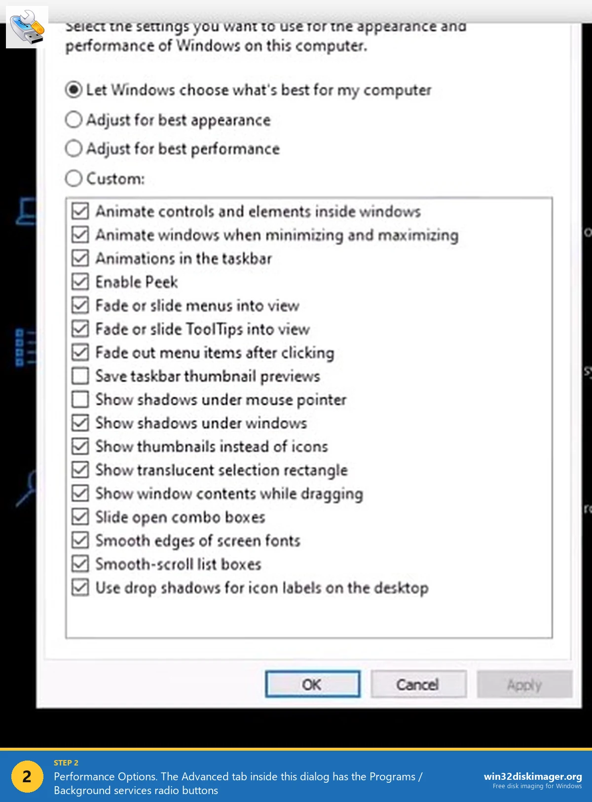 Windows 11 Performance Options dialog Visual Effects tab