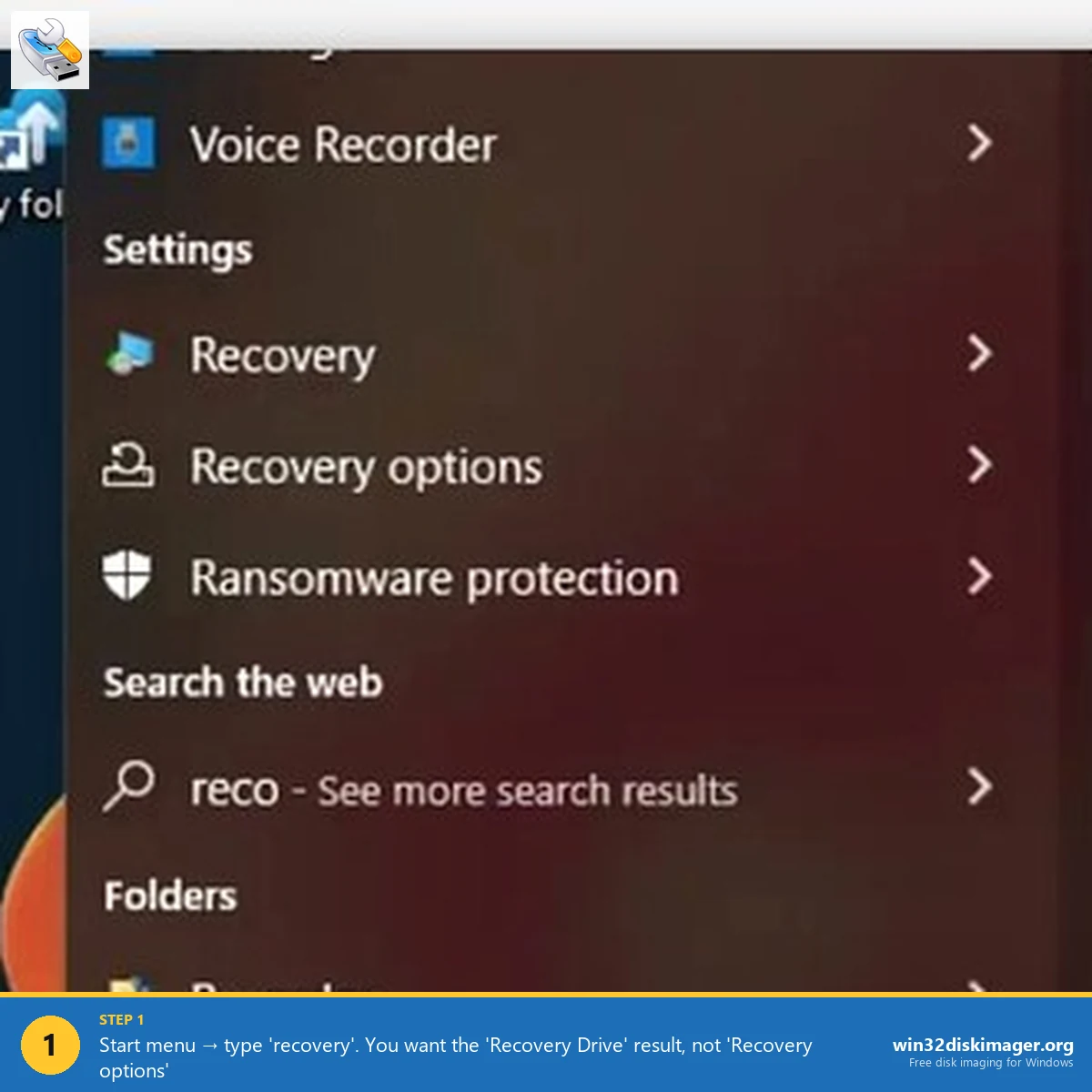 Windows 11 Start menu search showing Recovery Drive option