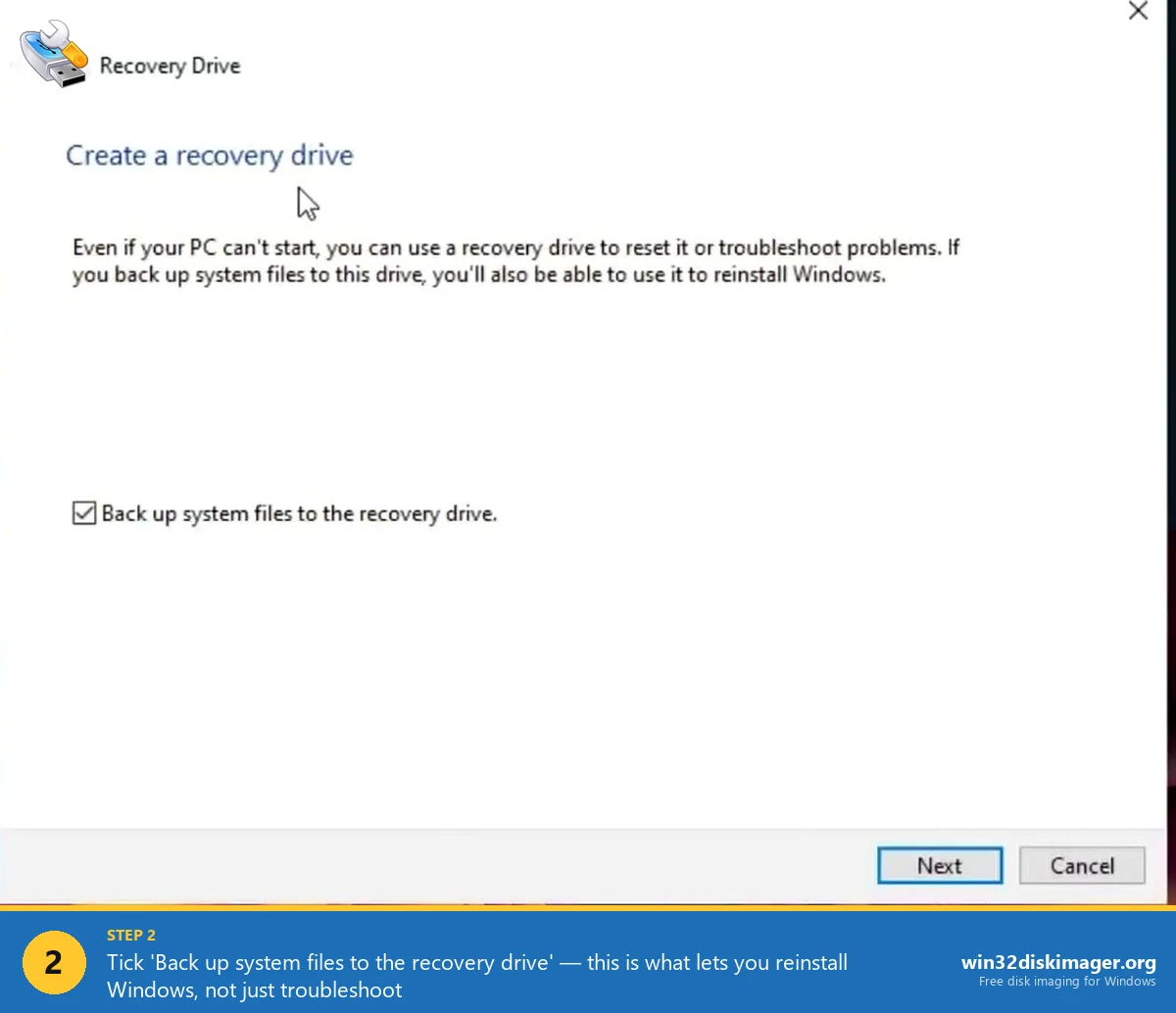 Windows 11 Create a recovery drive dialog with Back up system files checkbox