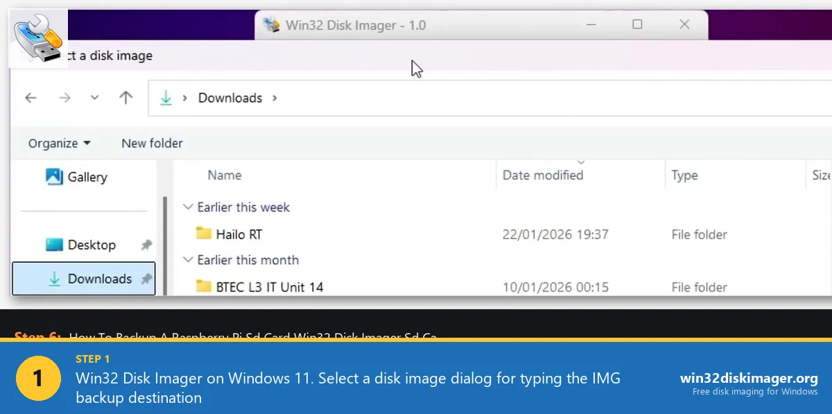 Win32 Disk Imager Select a disk image file picker for SD card backup