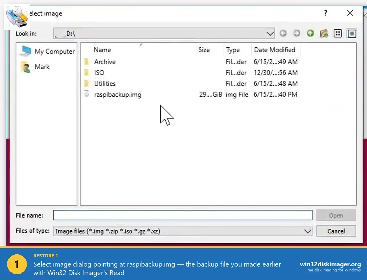 Select image file dialog raspibackup.img for SD card restore