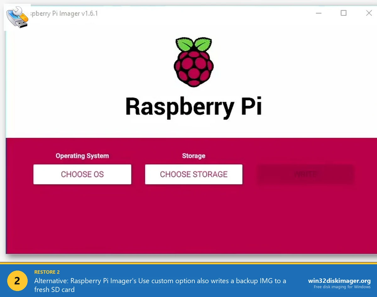 Raspberry Pi Imager main window with Use custom option for restore