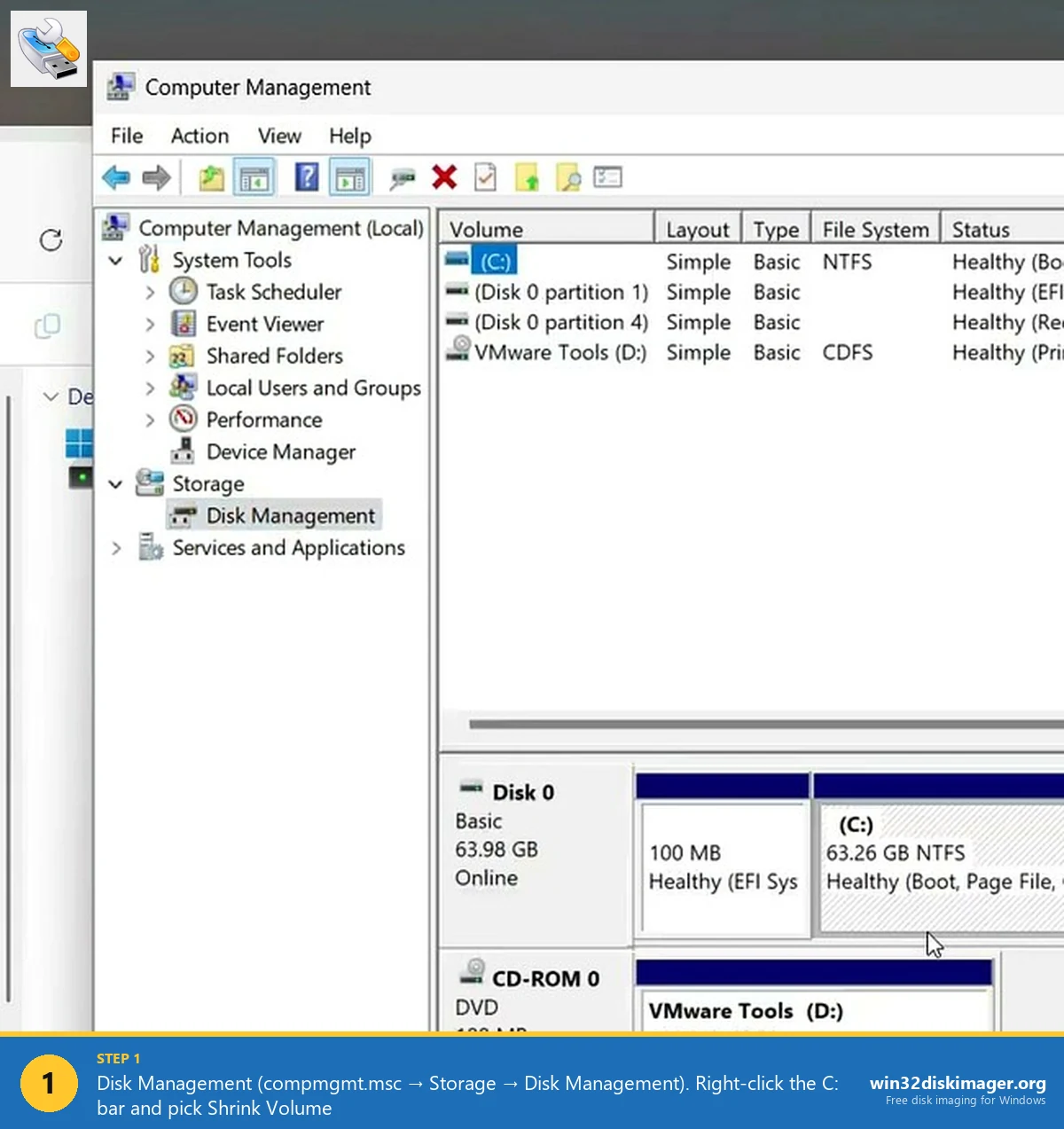 Windows 11 Disk Management showing partitions ready to shrink