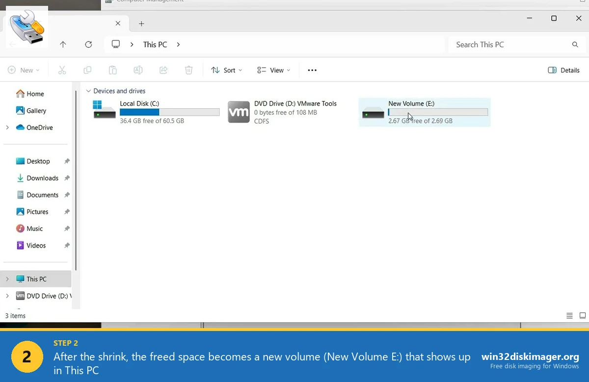 Windows 11 File Explorer showing new volume created from shrunk partition