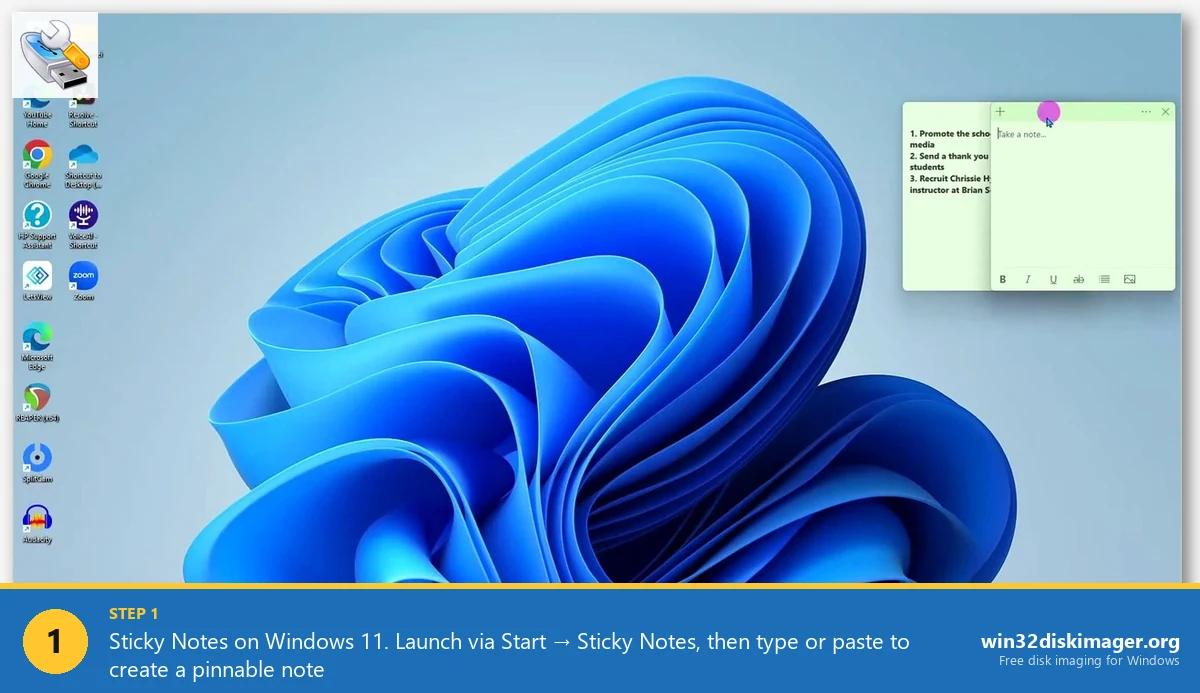 Sticky Notes app Windows 11 desktop with active note