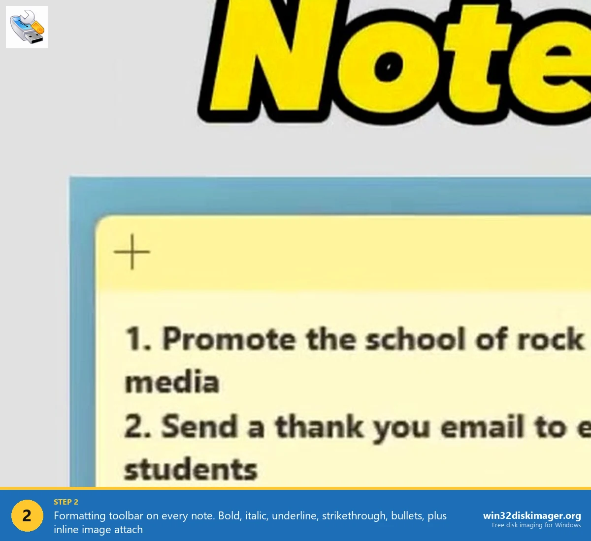 Sticky Notes formatting toolbar on Windows 11 with Bold Italic Underline and image buttons