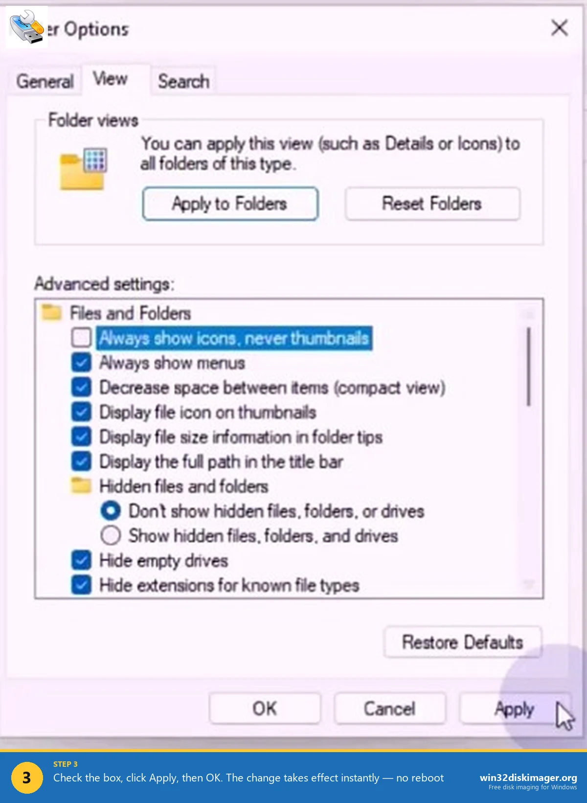 Always show icons never thumbnails checkbox checked with Apply button in Windows 11