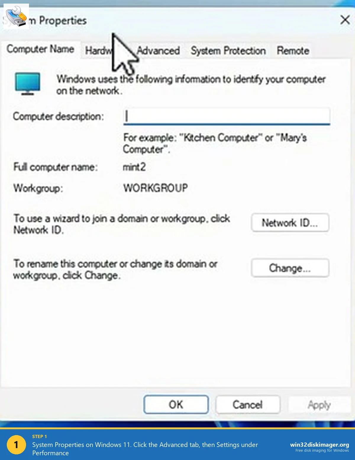 System Properties dialog Windows 11 Advanced tab Performance Settings