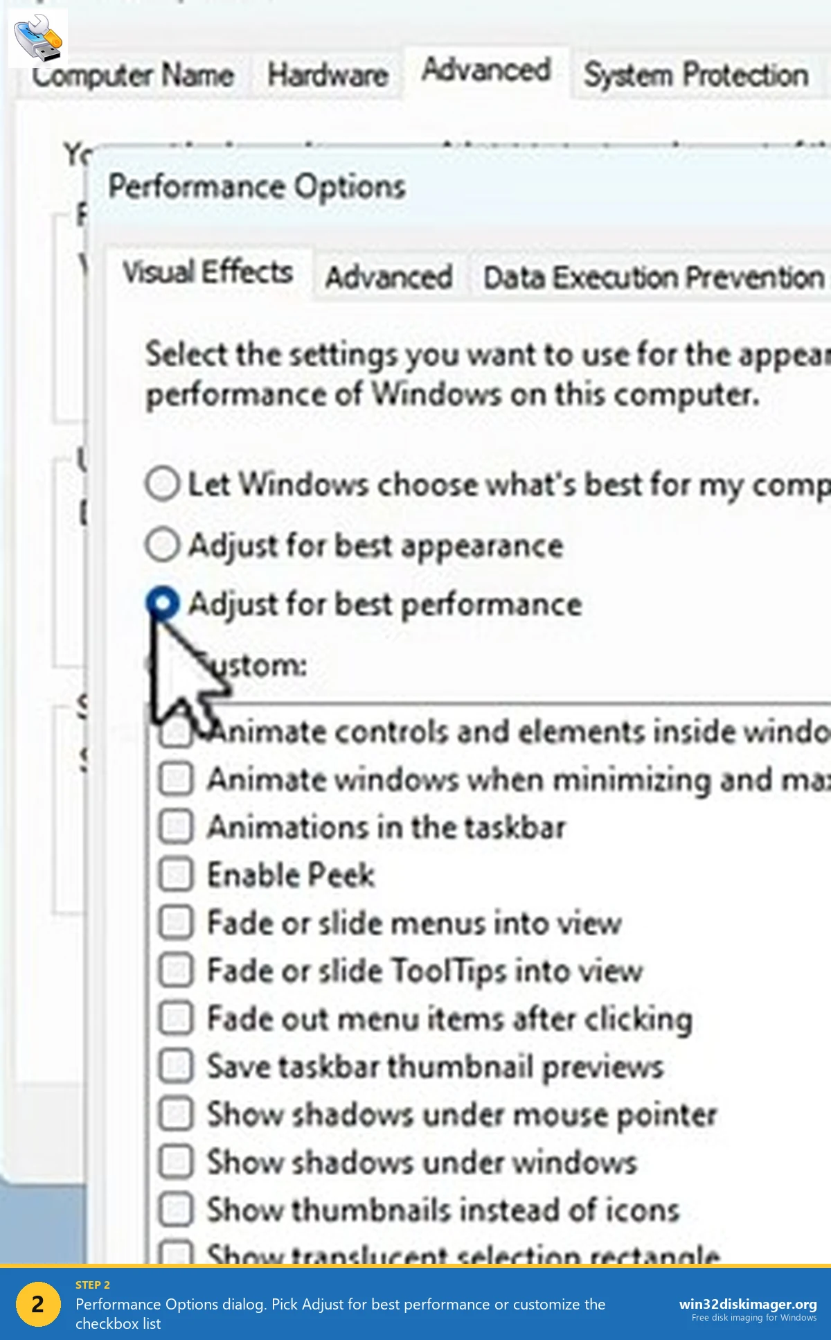 Performance Options Visual Effects tab on Windows 11 showing Adjust for best performance selected