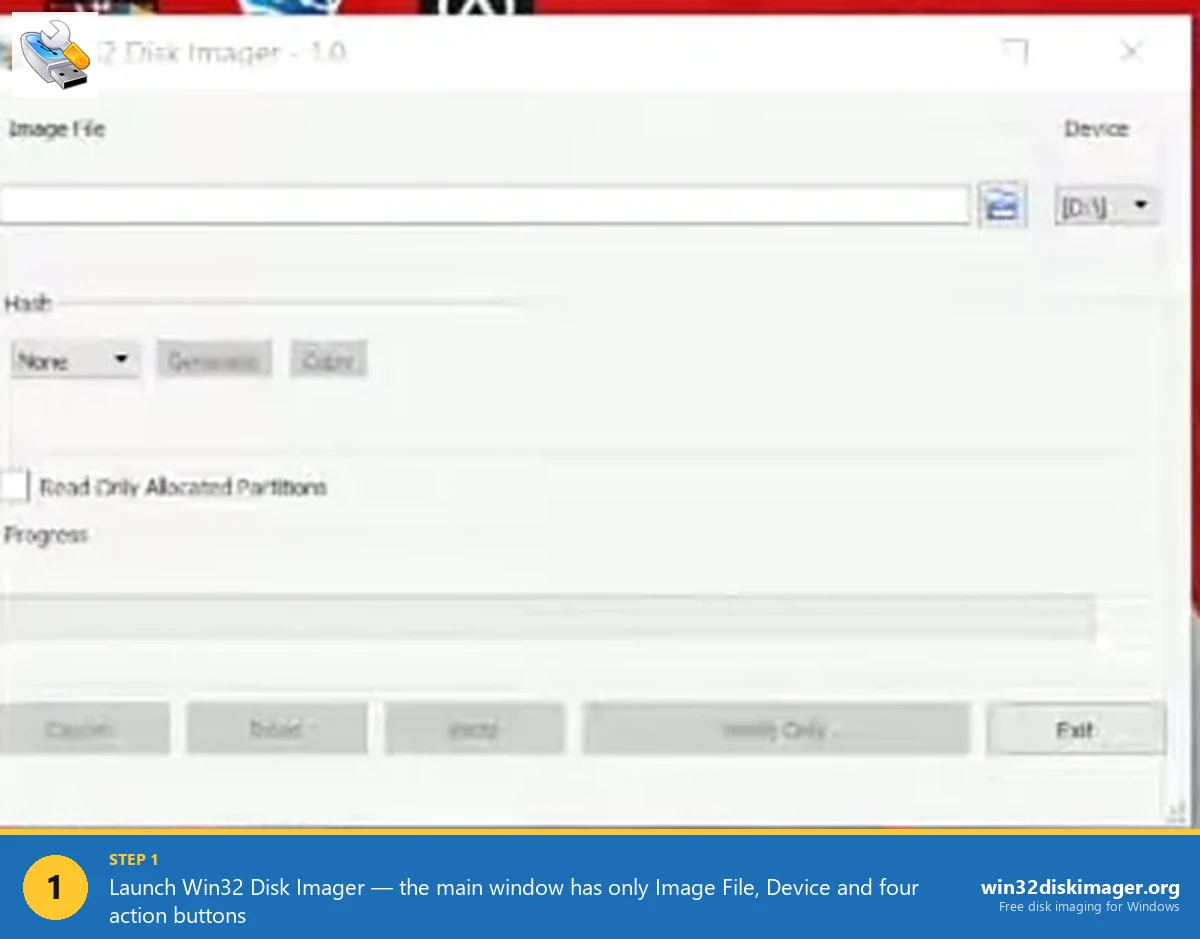Win32 Disk Imager interface step 1 — beginner guide