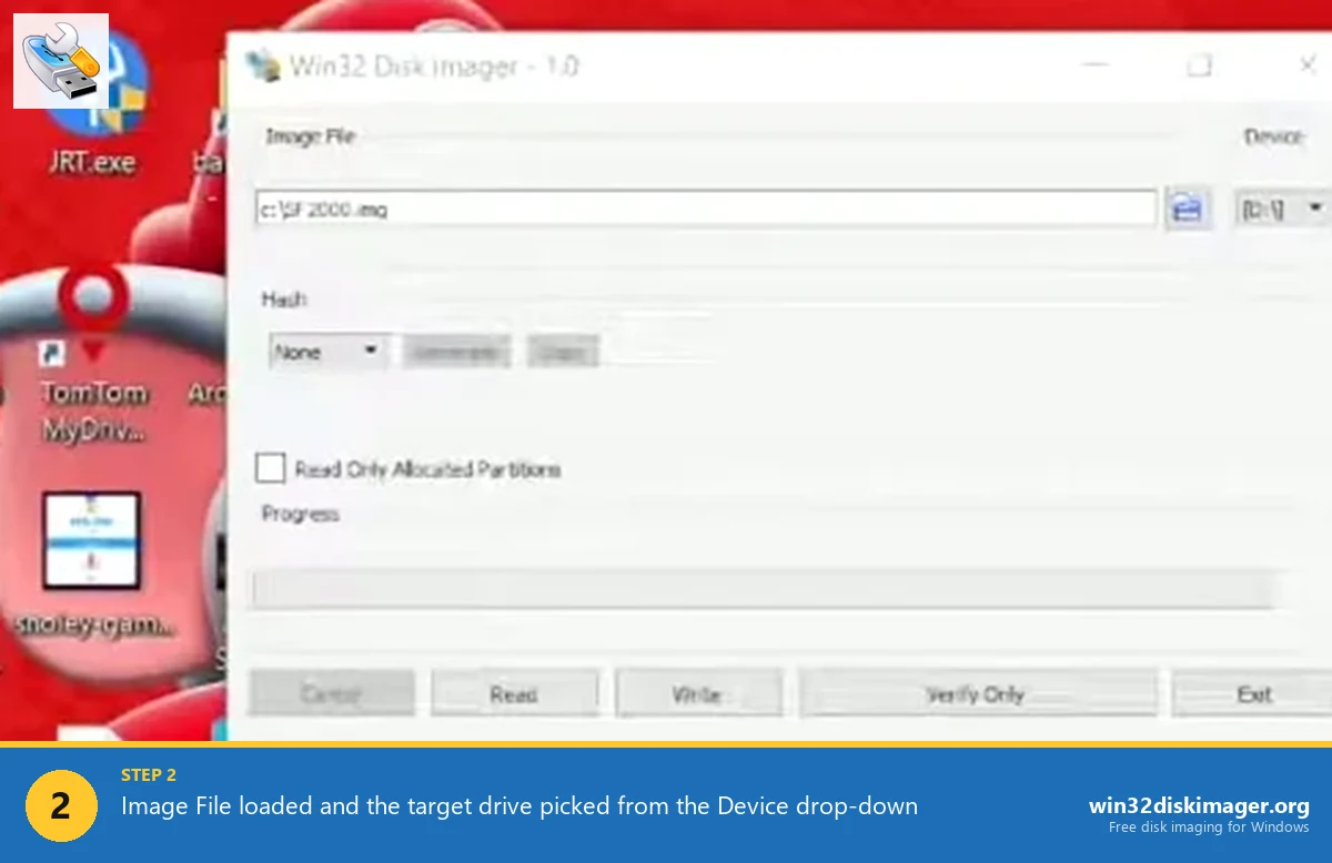 Win32 Disk Imager with image file path entered and File Explorer showing target USB drive D and F with sizes