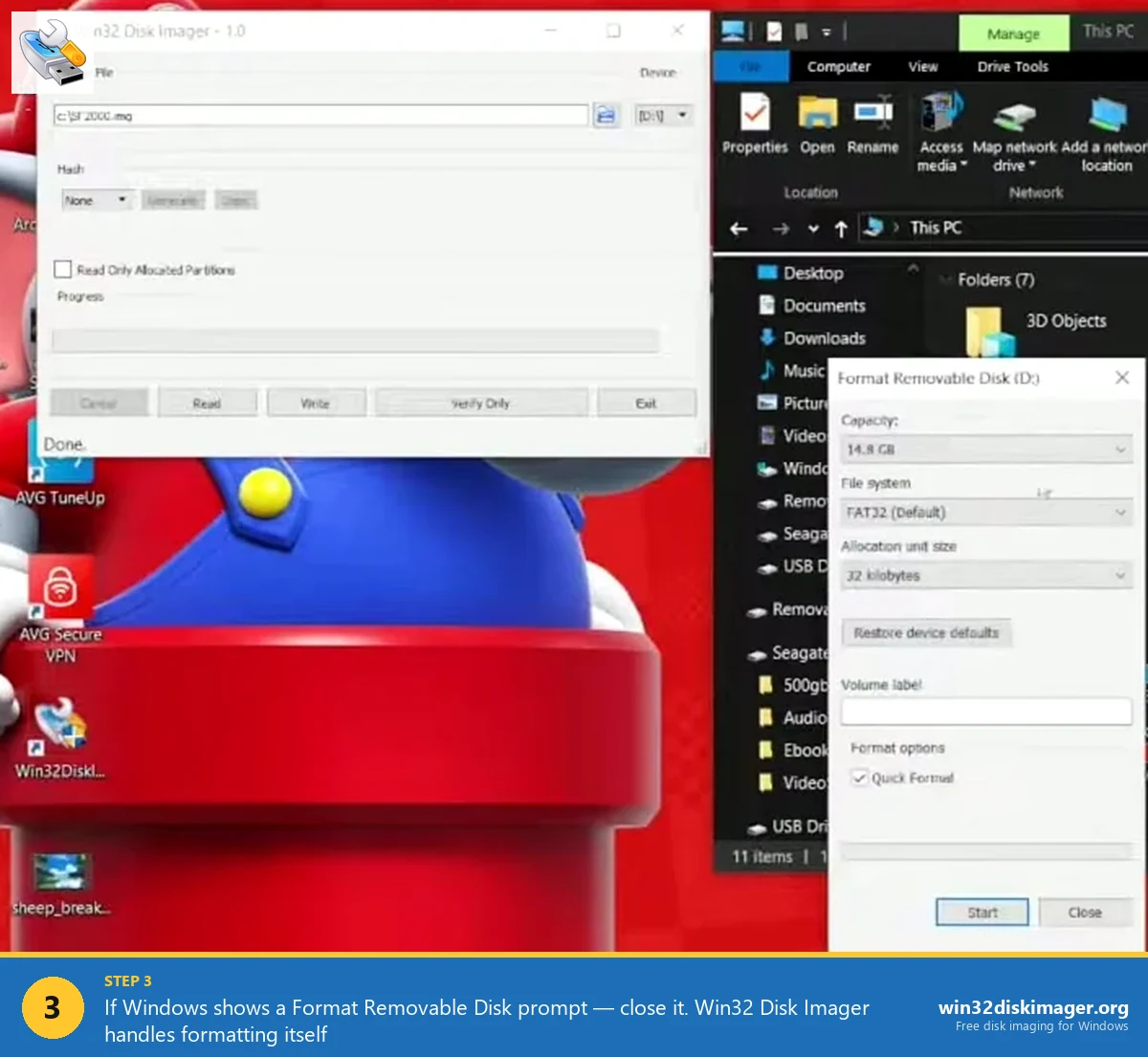 Win32 Disk Imager with IMG file path filled in and Windows Format Removable Disk dialog open showing FAT32 default