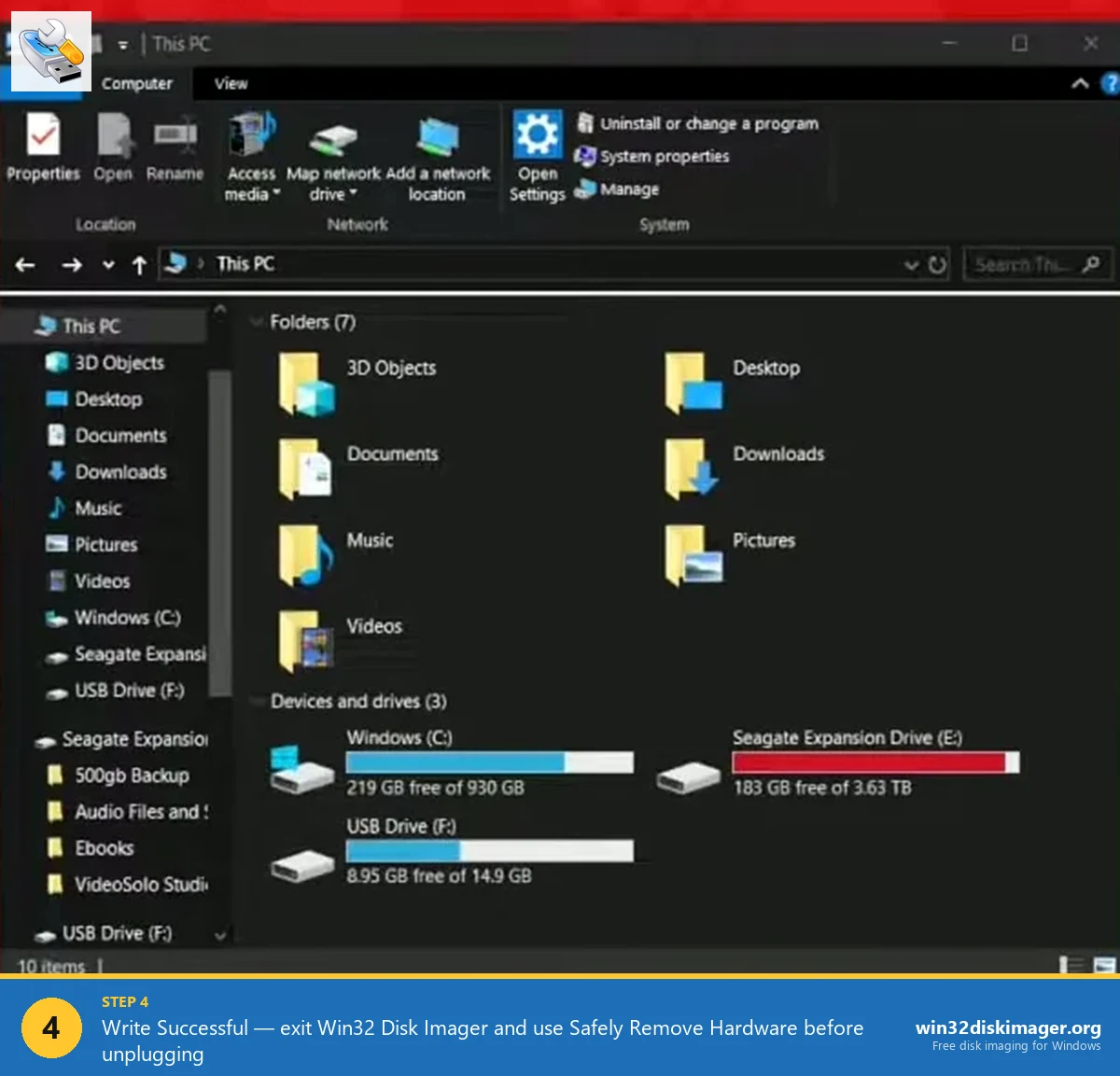 File Explorer after Win32 Disk Imager flash completes showing the target drive ready to be safely ejected